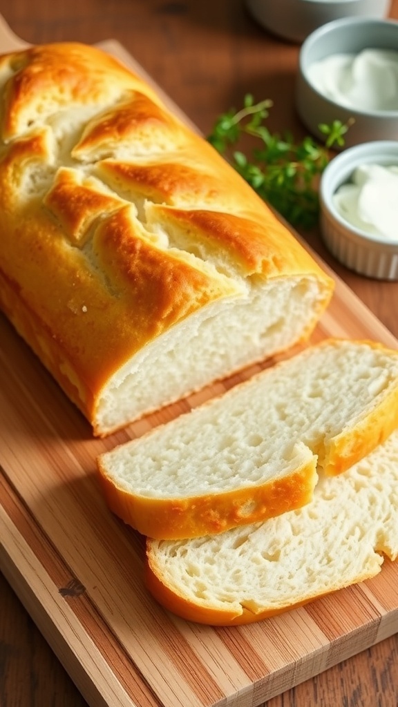 Yogurt Bread Machine Recipe A golden brown loaf of yogurt bread sliced on a cutting board, with yogurt and herbs in the background.